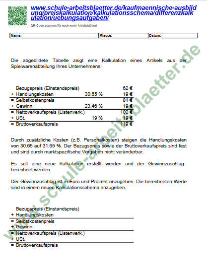 IHK Übungsaufgabe Kalkulation